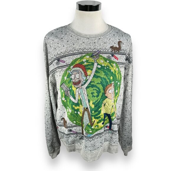 Rick And Morty Sweatshirt Men's 2XL XXL Gray Adult Swim Santa Hat 2018 New - Picture 1 of 9